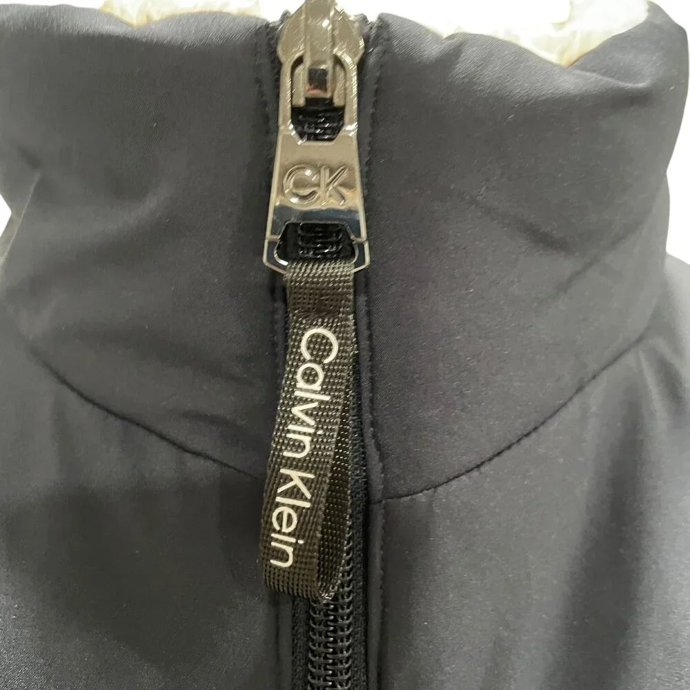 Calvin Klein Black Puffer Jacket L Water Resistant Sorona Aura‎ Faux Fur Lining